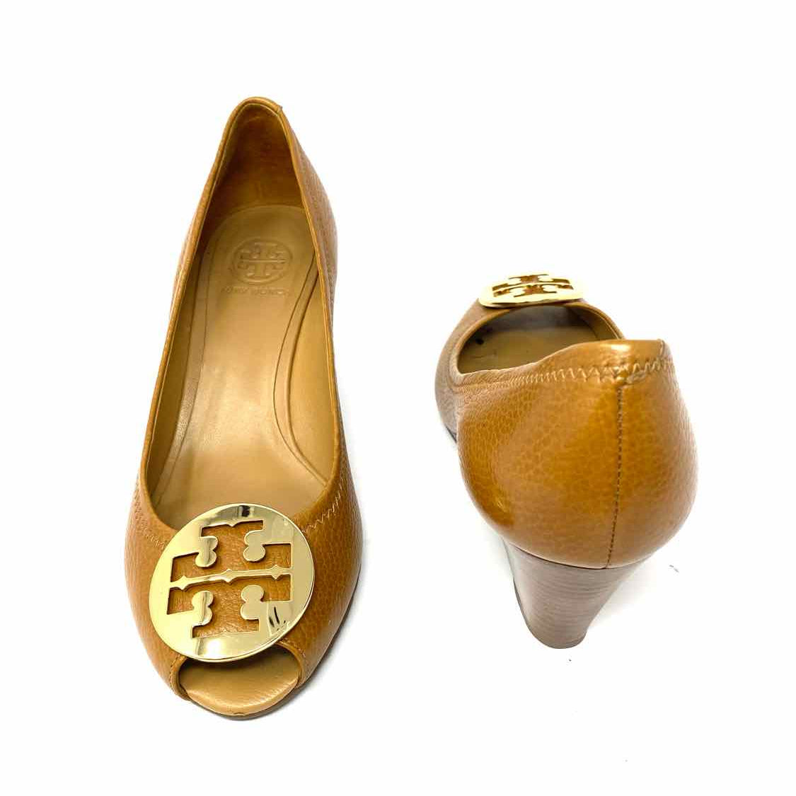 Tory Burch Sally Women's Light Brown Size 8.5 Peeptoe Leather Logo Wedges
