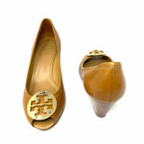 Tory Burch Sally Women's Light Brown Size 8.5 Peeptoe Leather Logo Wedges