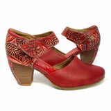 L'ARTISTE Women's Red Size 37/7 Ankle Strap Leather Floral Embossed Pumps