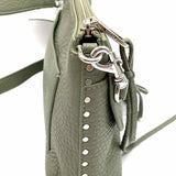 REBECCA MINKOFF Darren Sage Green Turnlock Studded Pebbled Leather Crossbody