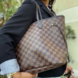 LOUIS VUITTON Neverfull MM w/ Pochette Coated Canvas Brown Damier Ebene Tote