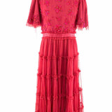 Ivy City Women's Red Size M Tiered Mesh Embroidered Floral Dress