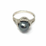 Estate size 8 14K White Gold Tahitian Pearl & Diamond Ring