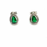 Estate 925 Sterling Silver Green Stud Simulated Emerald & Diamond Earrings
