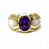 Estate Oval Amethyst Teardrop Mother of Pearl Size 8.5 14k Gold Ring