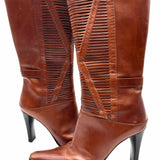 VIA SPIGA Women's Brown Size 8 Block Heel Leather Ribbed Boots