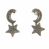Estate 925 Sterling Silver Dangle Star & Moon Marcasite Earrings