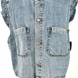 ee:some Women's Blue Size L Button Down Denim Ruffled Vest