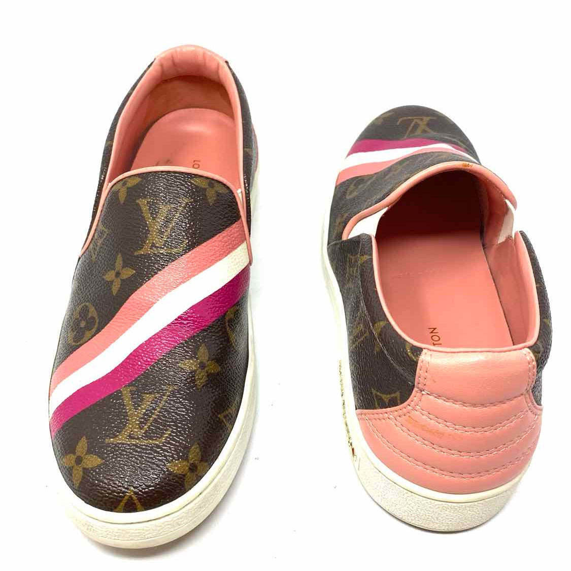 LOUIS VUITTON Frontrow Women's Brown Pink Sz 36/6 Slip-On Coated Canvas Sneakers
