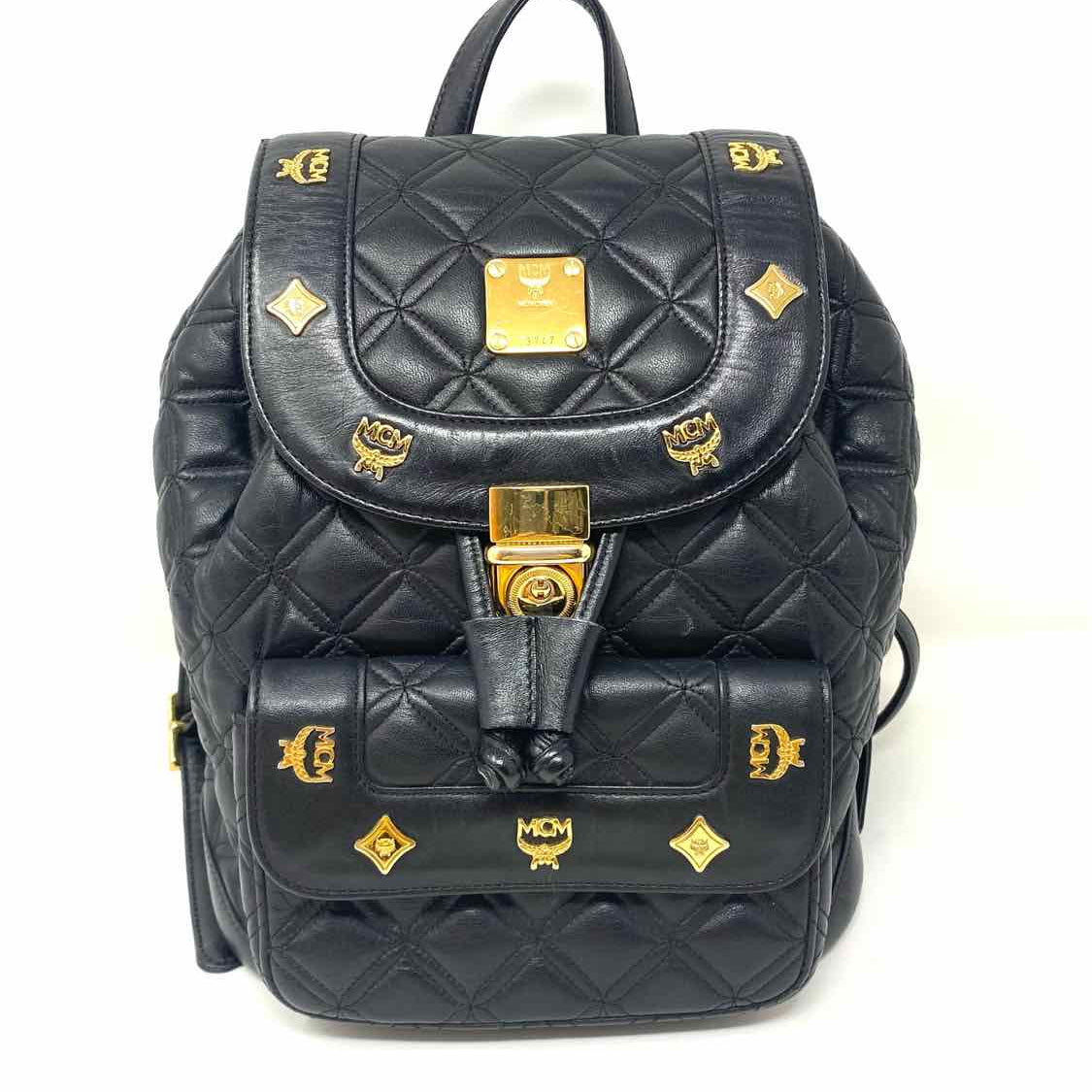 MCM Gold Plated Medallions Black Quilted Leather BackPack