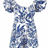 Abercrombie Poplin Puff Sleeve Women's Blue White Size S mini Floral Dress