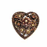 Statement Bronze Tone Heart Floral Crystal Brooch