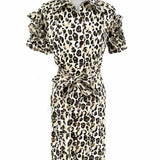 teri JON Women's Brown Size 4 Belted Button Down Cheetah Print Dress