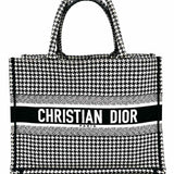 Christian Dior Embroidered Medium Book Bag Canvas Black White Houndstooth Tote