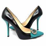 Prada Women's Black Teal Size 40.5/10 Stiletto Leather Button Color Block Pumps