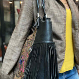 Vintage Addiction Black Beaded Fringe Pebbled Leather Tote
