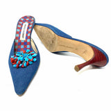 Manolo Blahnik Women's Blue Size 39/9 Kitten Heel Denim Beaded Mules