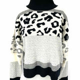 Brodie Women's Black White Size M Mock Neck Cashmere Leopard Print Sweater