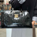 ARCADIA Black Turnlock Signature Patent Leather Tote