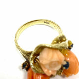Estate size 6 14K Gold Peach Flower Brutalist Coral Sapphire Ring