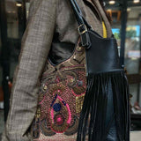 Vintage Addiction Black Beaded Fringe Pebbled Leather Tote