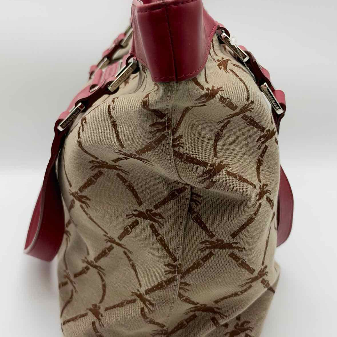 Longchamp LM Canvas Beige Red Jacquard Logo Leather Tote