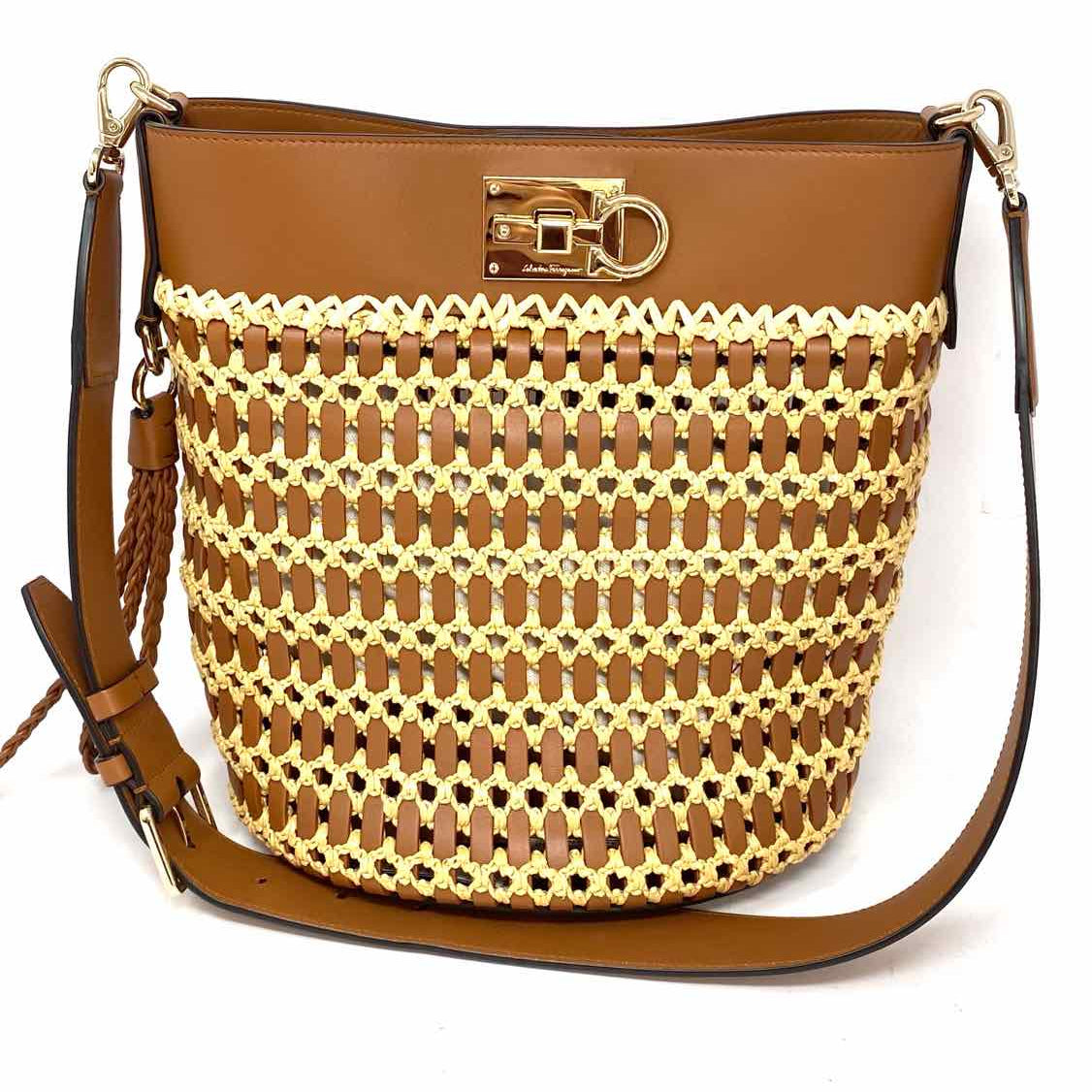 Salvatore Ferragamo 2022 Studio Wove Raffia Brown Bucket Woven Satchel