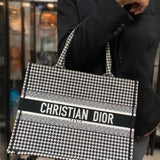 Christian Dior Embroidered Medium Book Bag Canvas Black White Houndstooth Tote