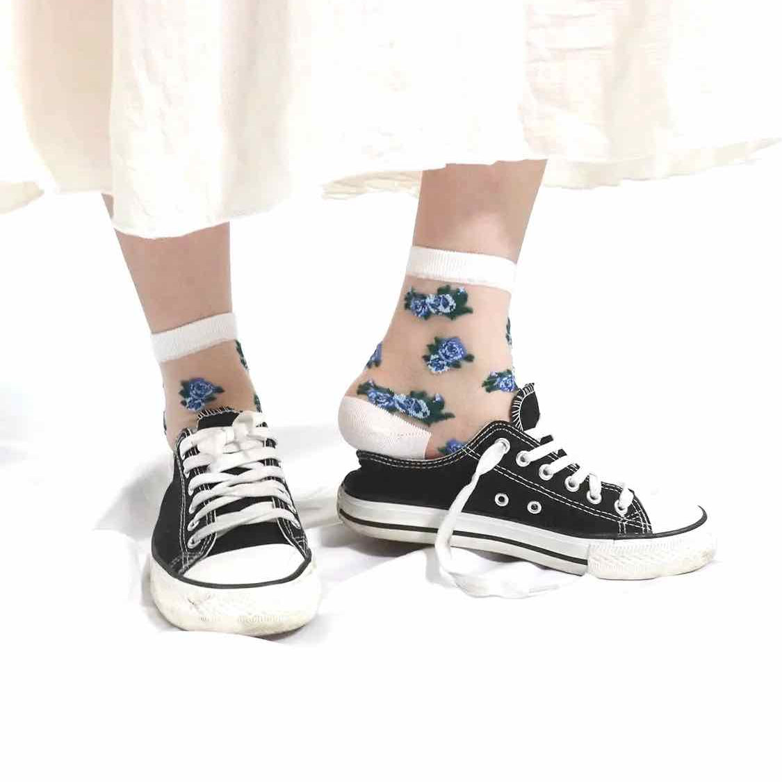 7DAYSSOCKS Women's Blue/White Cotton/Spandex Sheer Floral Socks