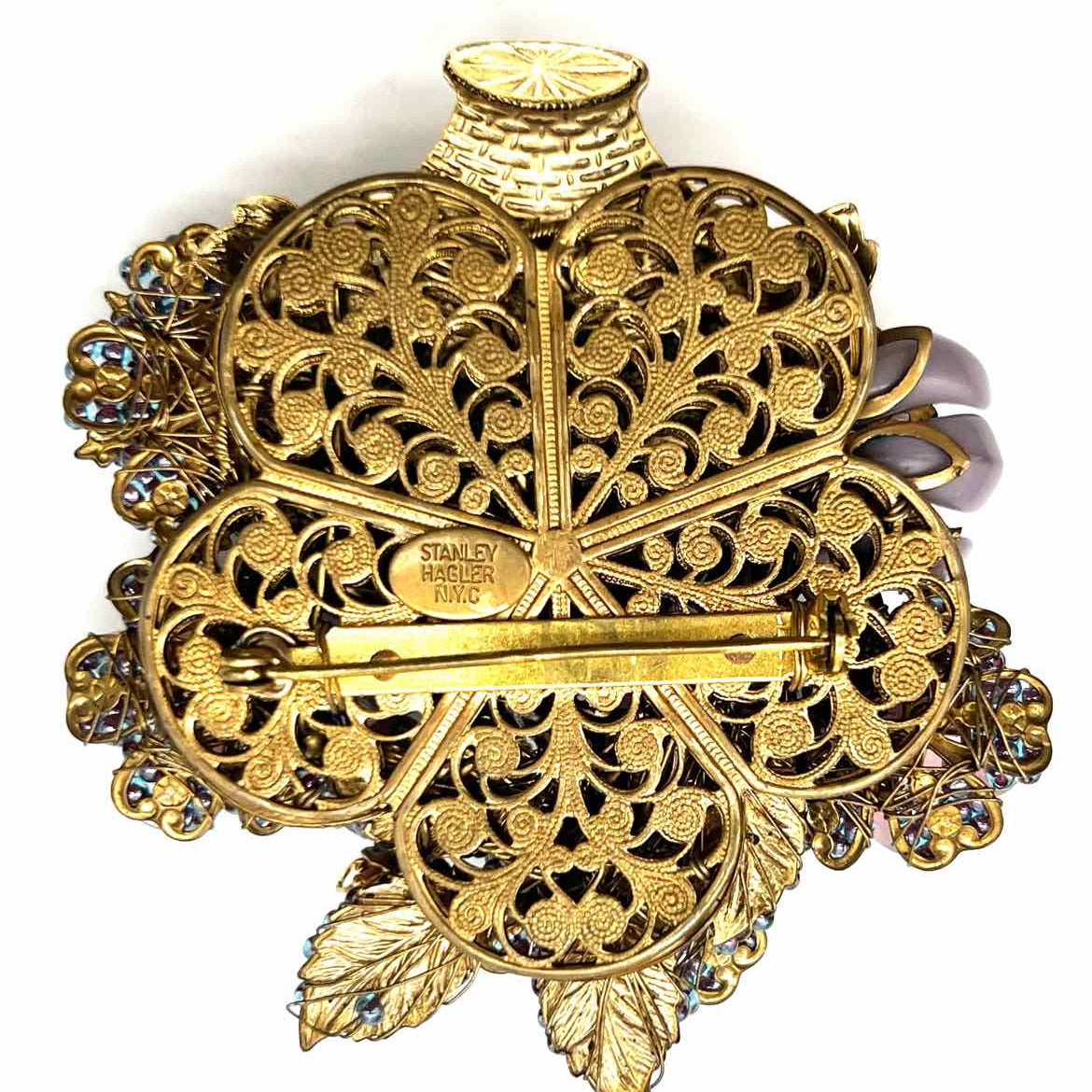 Stanley Hagler Beaded Purple Gold Tone Flower Basket Crystal Brooch