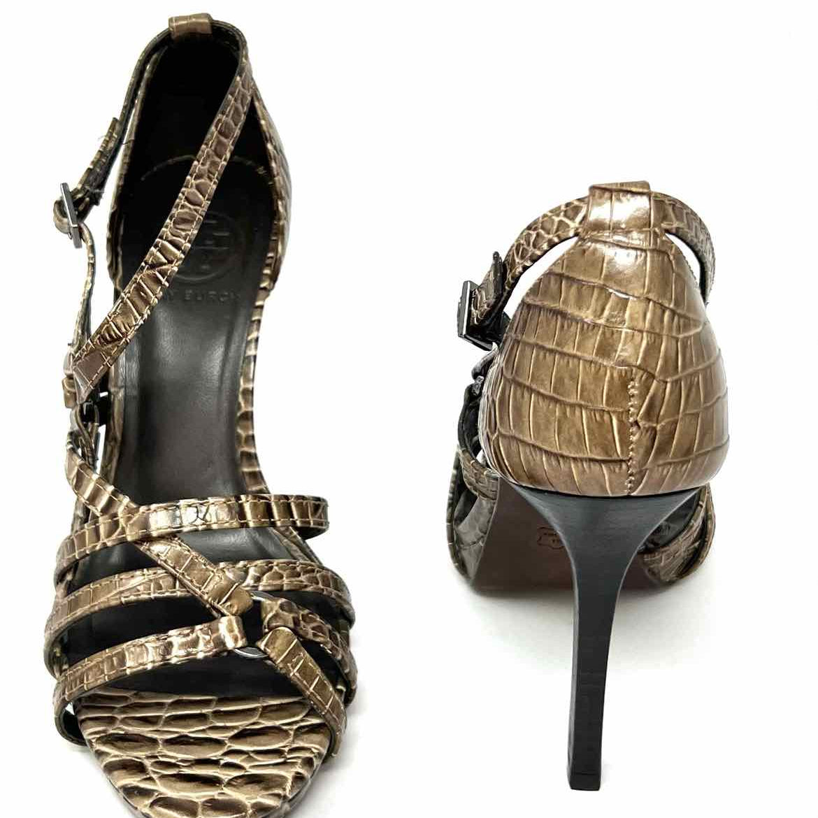 Tory Burch Elizabella Women's Brown Sze 8 Stiletto Leather Croc Embossed Sandals