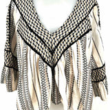 Free People Women's Cream Black Size M Crop Ruffled Abstract Long Sleeve
