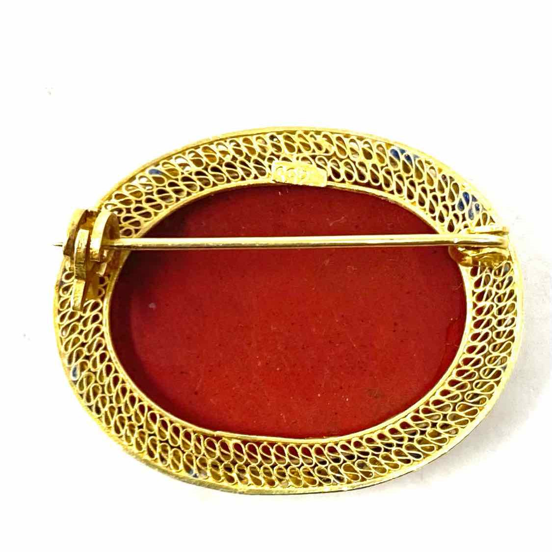 Estate Cinnabar .925 Gold Tone Red Oval Carved Floral Brooch