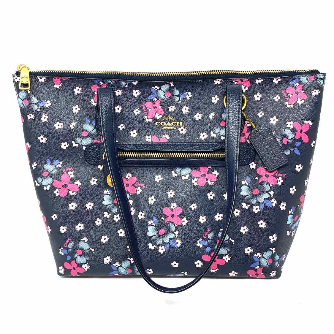 Coach Coated Canvas Navy Zip Top Floral Tote