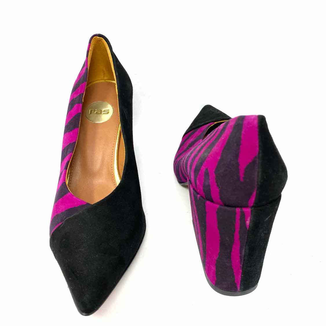ras Women's Black Purple Size 39/9 Pointed Suede Zebra Pumps