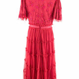 Ivy City Women's Red Size M Tiered Mesh Embroidered Floral Dress