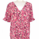 cece Women's Pink Size M Button Down Crepe Floral Short Sleeve Top