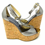 JIMMY CHOO Pela Women's Silver Size 37/7 Peeptoe Cork Metallic Wedges