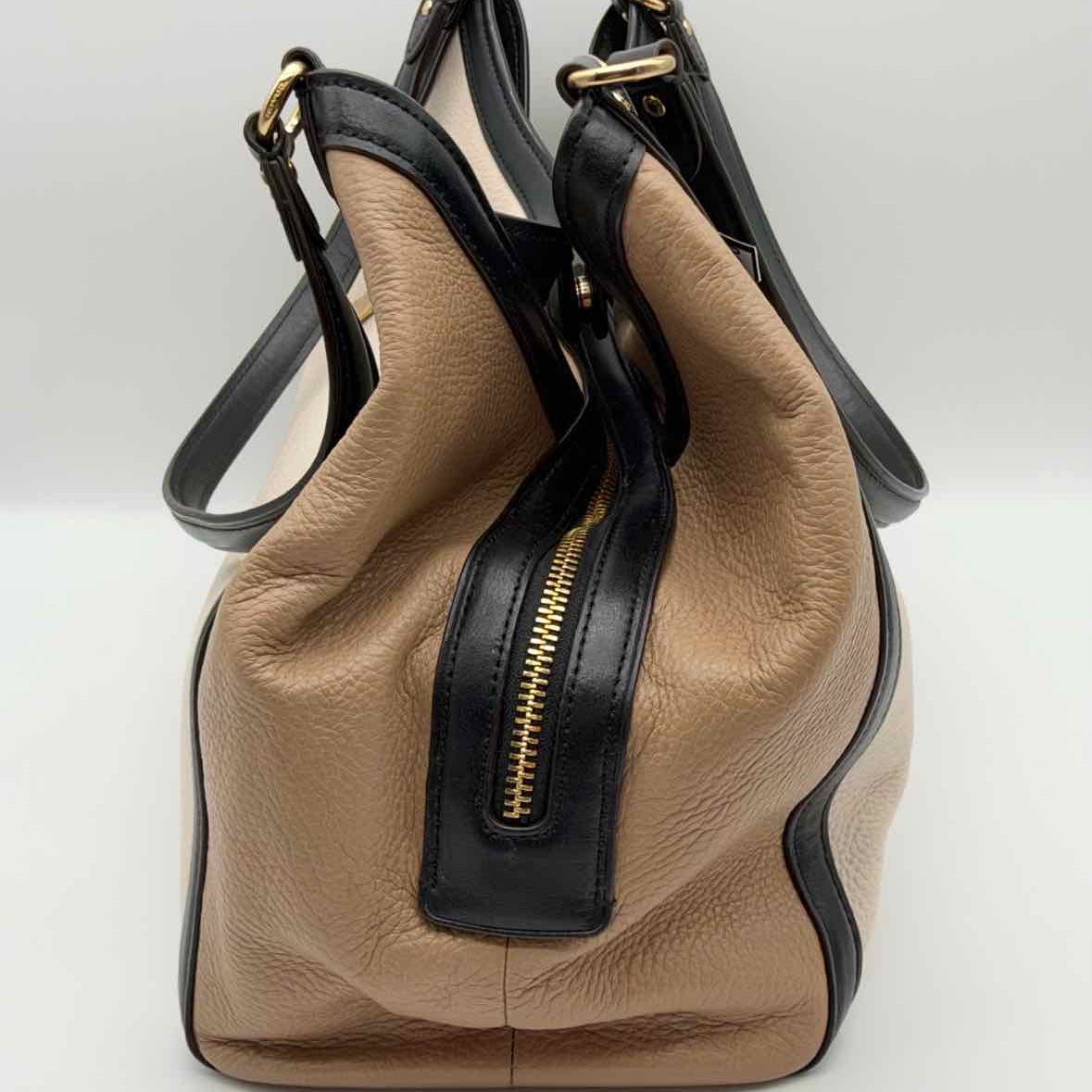 Coach Kristy Beige White Color Block Pebbled Leather Tote
