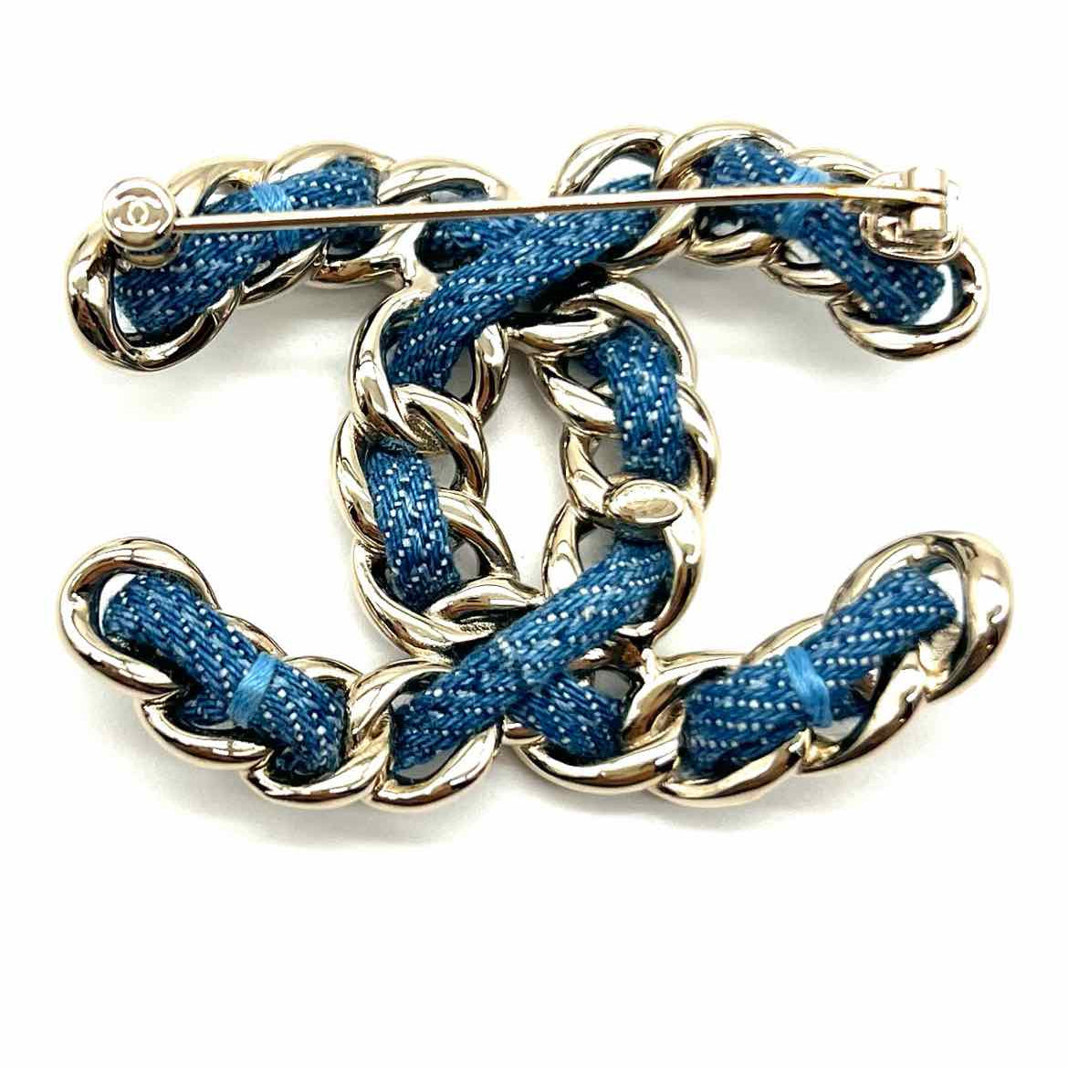 Chanel 2025 CC Logo Interwoven Blue Denim Chain Metal Made in Italy Brooch