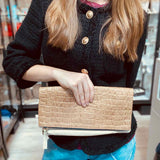 Clare V. Beige Foldover Croc Embossed Leather Clutch