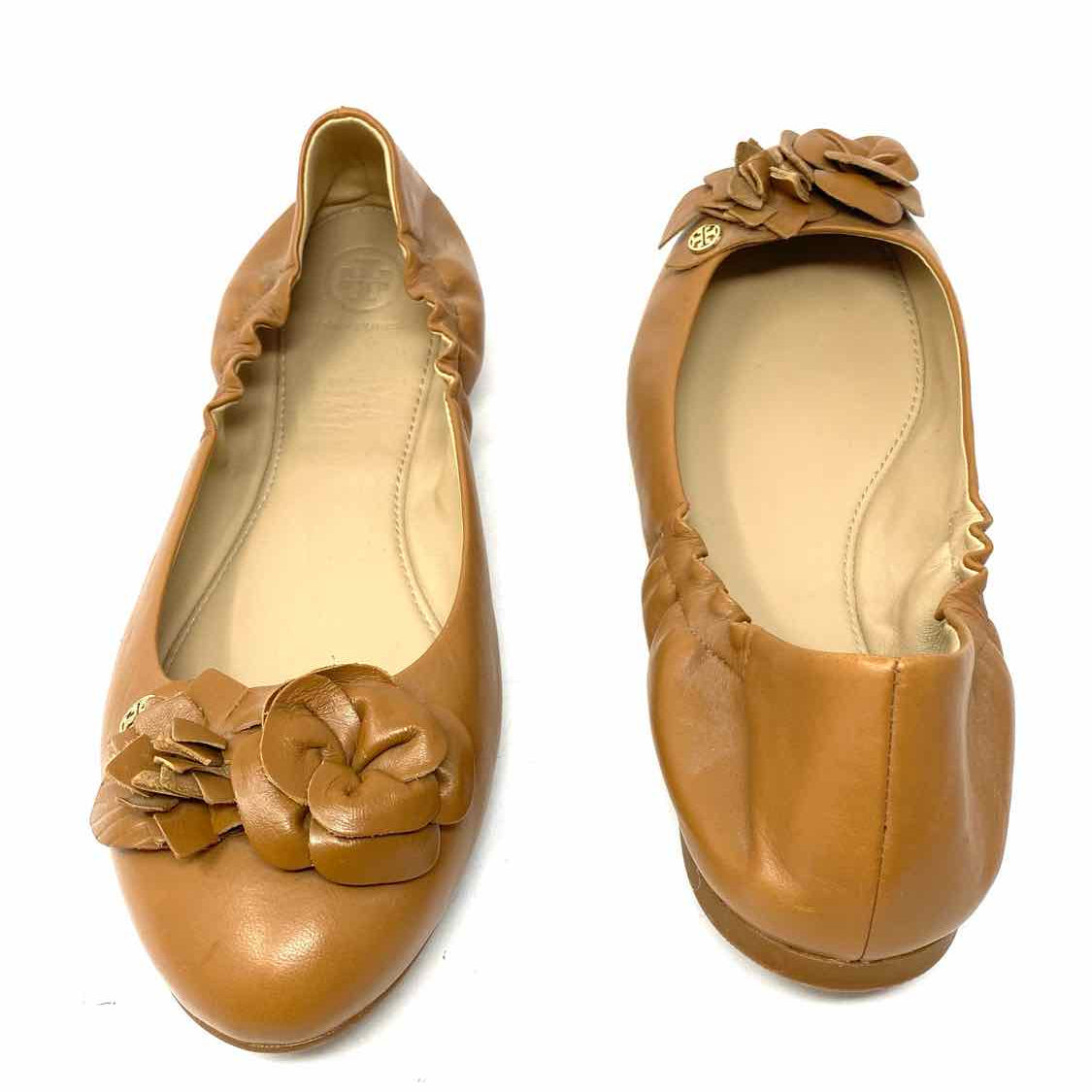 Tory Burch Women's Light Brown Size 11 Ballet Leather Floral Flats