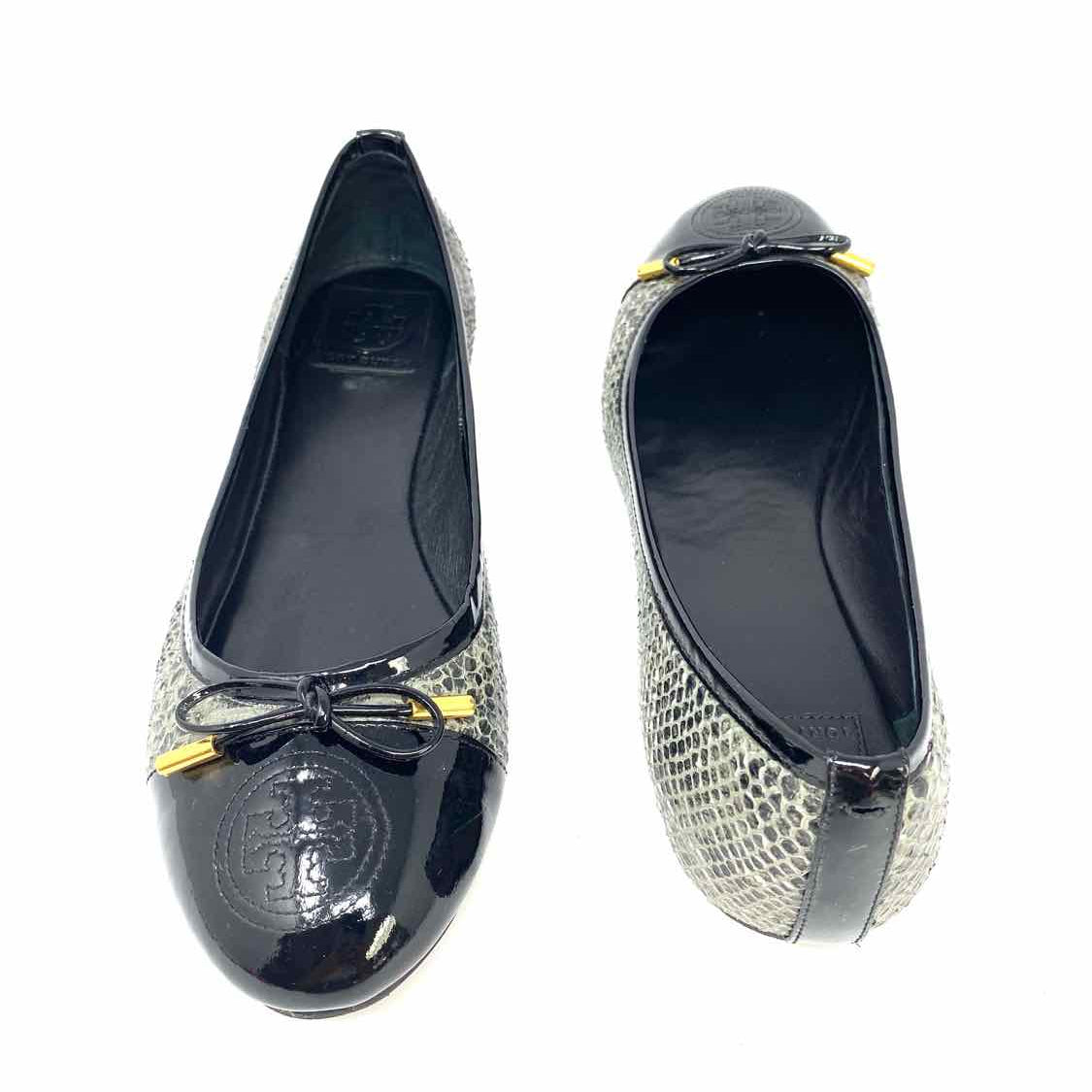 Tory Burch Verbena Women's Black Gray Size 10 Round Toe Snake Flats