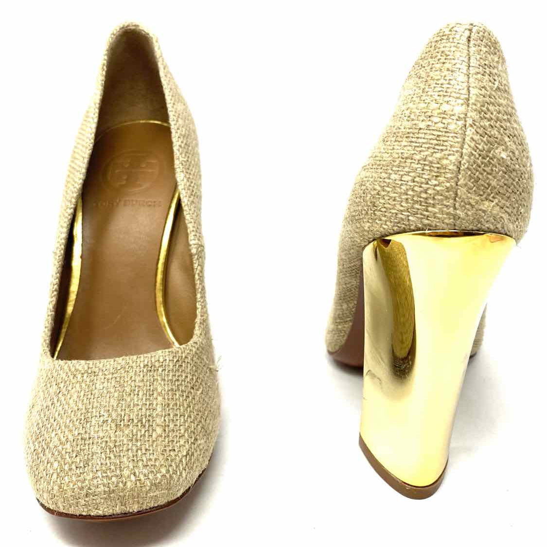 Tory Burch Women's Beige Size 5.5 Block Heel Burlap Pumps
