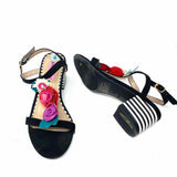 Betsey Johnson Women's Black Multi-Color Size 6 Block Heel Suede Floral Sandals