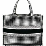 Christian Dior Embroidered Medium Book Bag Canvas Black White Houndstooth Tote