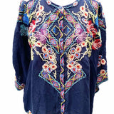 johnny was Women's Navy Size XL Button Down Rayon Embroidered Short Sleeve Top
