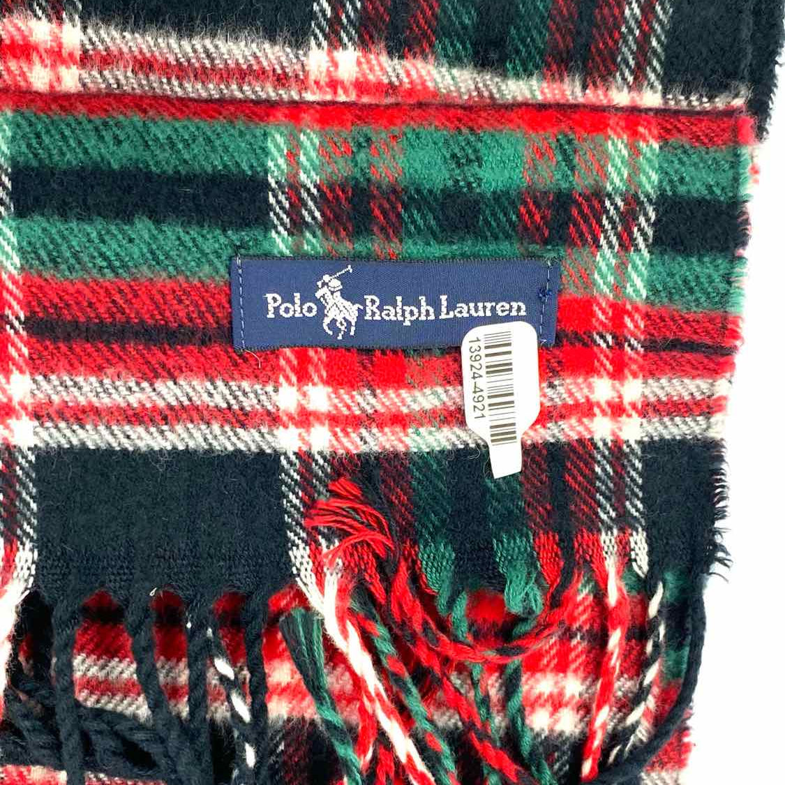 Polo Ralph Lauren Black Red Green Tartan Plaid Cashmere Fringe Scarf