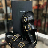 Saint Laurent Women's Black Size 38.5/8 Slingback Leather Buckle Sandals
