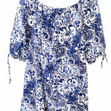Dylan Women's Blue White Size M Puff Sleeve Cotton Filligree Dress